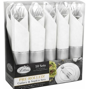 image:image240 Pieces Pre Rolled Cutlery And Napkins Set with Heavy Duty Full Size Polished Gold Cutlery 60 Forks 60 Knives 60 Spoons In Rolled Napkins for Weddings Parties And EventsSilver