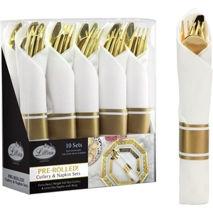 image:image240 Pieces Pre Rolled Cutlery And Napkins Set with Heavy Duty Full Size Polished Gold Cutlery 60 Forks 60 Knives 60 Spoons In Rolled Napkins for Weddings Parties And EventsGold