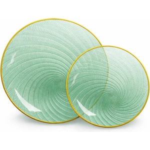image:imageLillian Tablesettings 32Piece Tinted Green Plastic Plates Set 1610 Dinner amp 167 Salad Plates Heavyweight Disposable Plates with Gold Rim Elegant Swirl Design DinnerwareSwirl  Green  Gold
