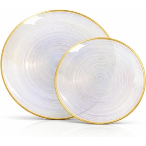 image:imageLillian Tablesettings 32Piece Tinted Green Plastic Plates Set 1610 Dinner amp 167 Salad Plates Heavyweight Disposable Plates with Gold Rim Elegant Swirl Design DinnerwareSpiralique  Pearl  Gold