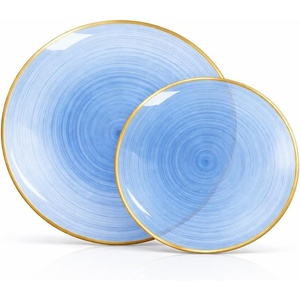 image:imageLillian Tablesettings 32Piece Tinted Green Plastic Plates Set 1610 Dinner amp 167 Salad Plates Heavyweight Disposable Plates with Gold Rim Elegant Swirl Design DinnerwareSpiralique  Blue  Gold