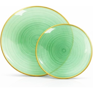 image:imageLillian Tablesettings 32Piece Tinted Green Plastic Plates Set 1610 Dinner amp 167 Salad Plates Heavyweight Disposable Plates with Gold Rim Elegant Swirl Design DinnerwareSpiralique  Green  Gold