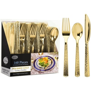 image:imagePlastic Cutlery Silverware Extra Heavyweight Disposable Flatware Full Size Cutlery Combo Polished Silver 80 Forks 40 Spoons 40 Knives Value Pack 160 CountPebbled Gold