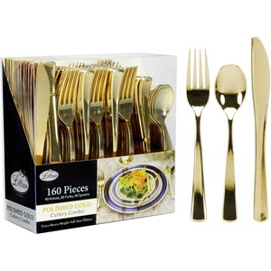 image:imagePlastic Cutlery Silverware Extra Heavyweight Disposable Flatware Full Size Cutlery Combo Polished Silver 80 Forks 40 Spoons 40 Knives Value Pack 160 CountGold